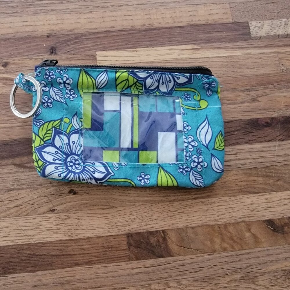 Greenbrier Travel Wallet Coin Purse Key Chain Floral Flower Blue Green